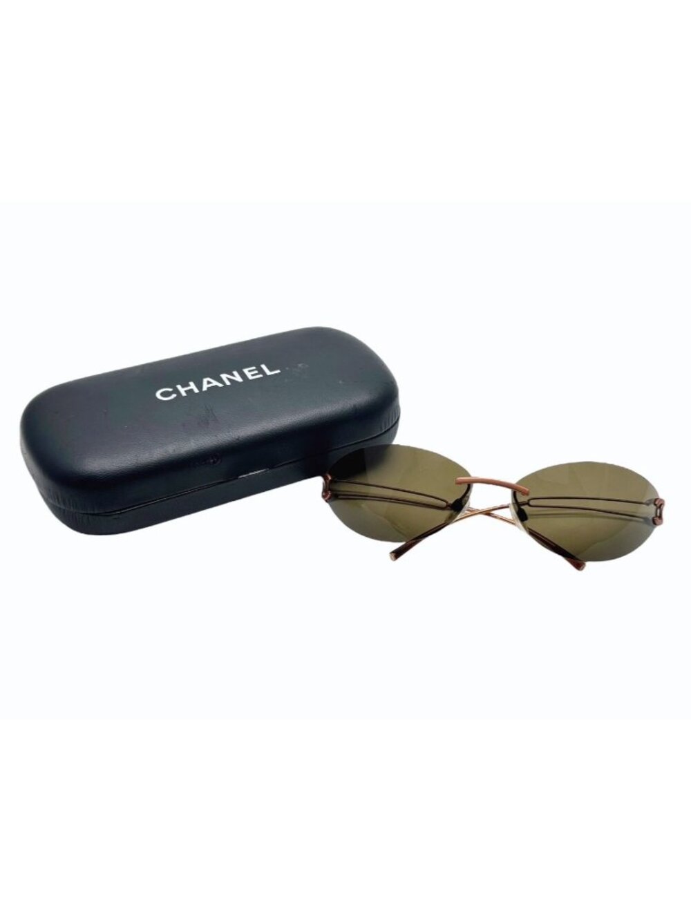 Chanel Rimless Sunglasses CC Logo Blanc Brown Eyewear